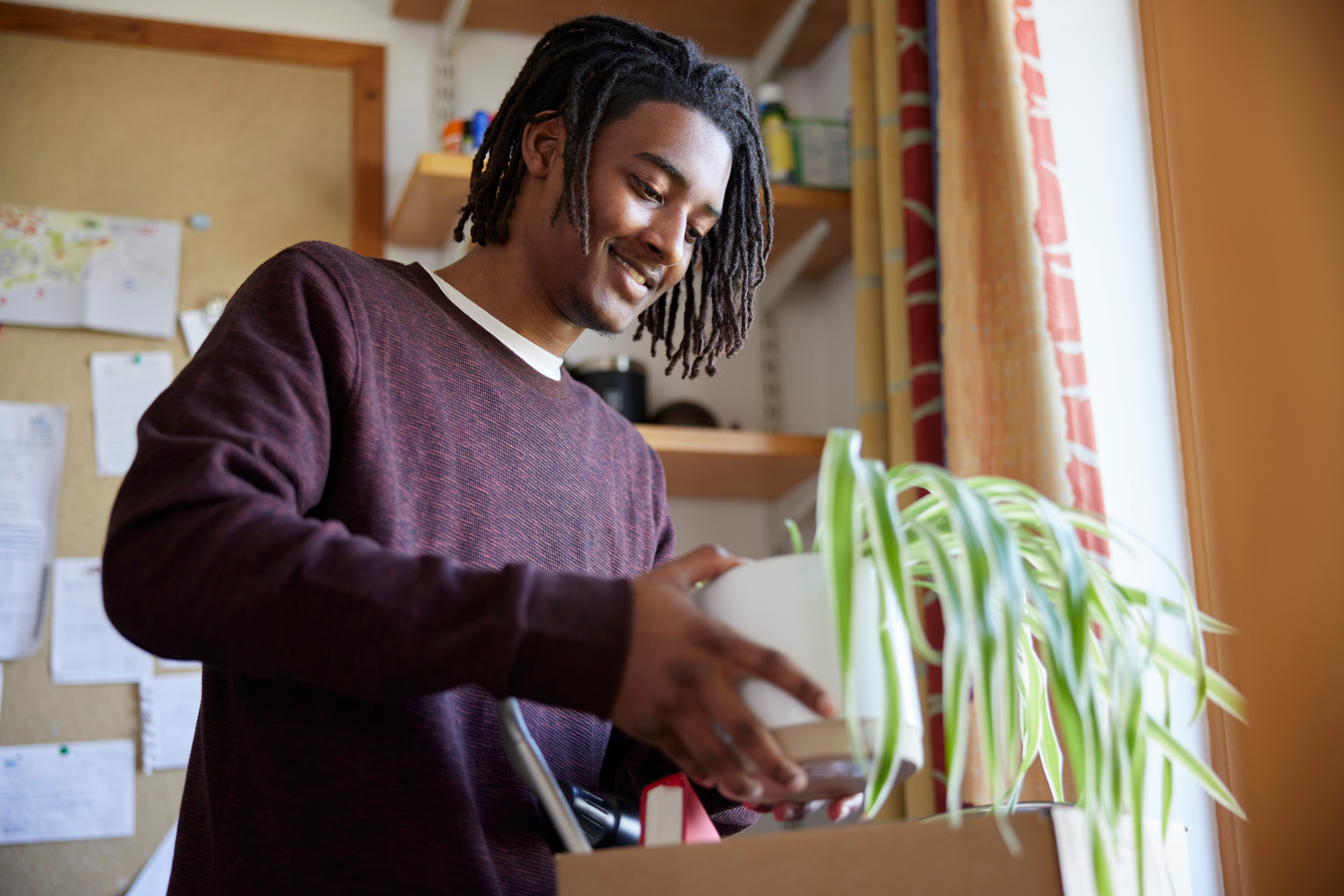 Male University Or College Student Moving Into Campus Room Unpacking Plant